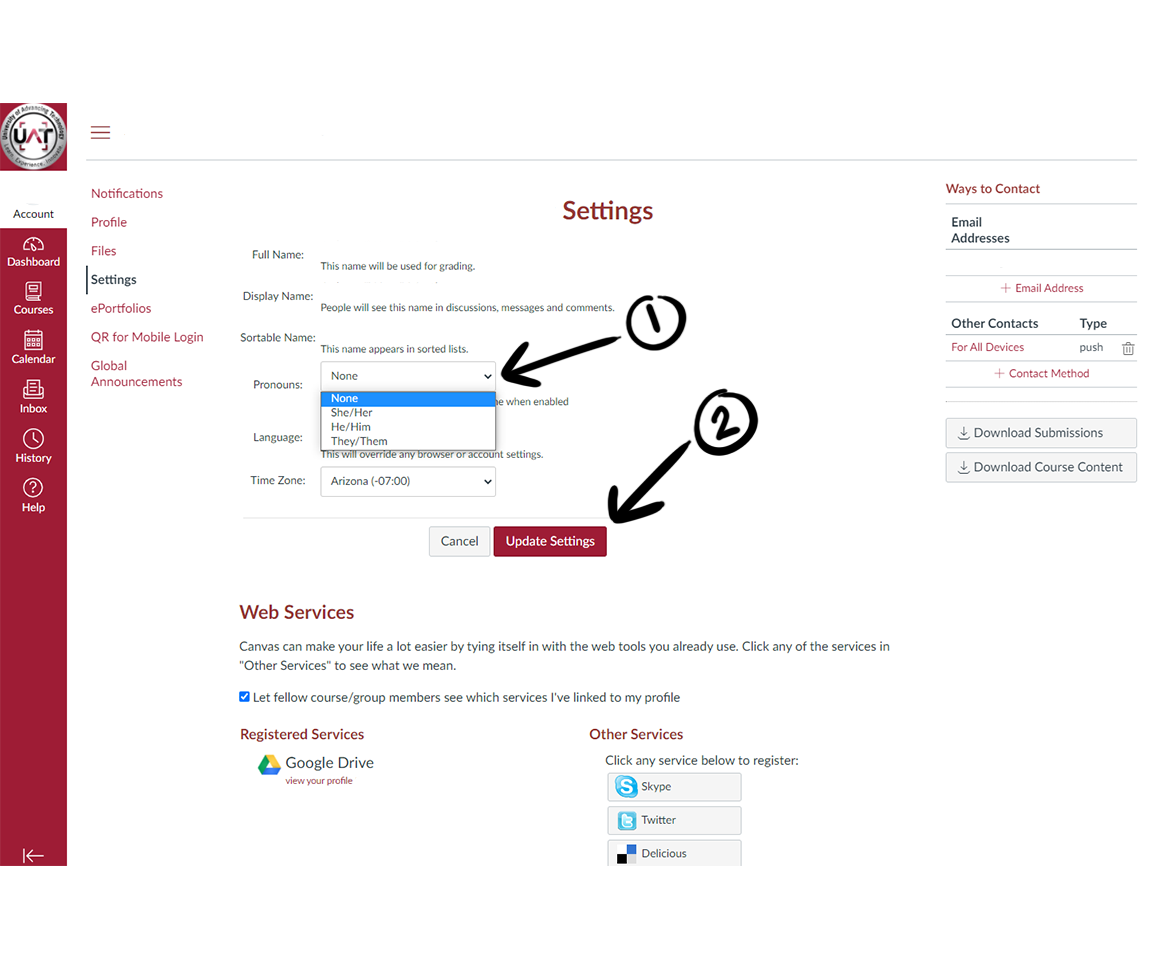 Setting your pronouns in canvas